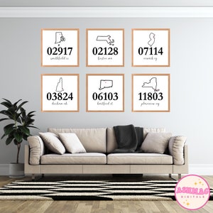 6 Set Custom Hometown Zip Code Wall Prints - Personalized Digital Art for College Dorm Decor