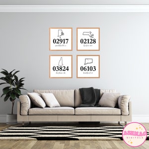 4 Set Custom Hometown Zip Code Wall Prints - Personalized Digital Art for College Dorm Decor