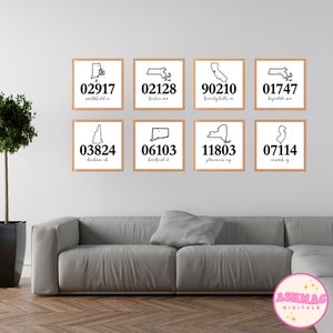 8 Set Custom Hometown Zip Code Wall Prints - Personalized Digital Art for College Dorm Decor