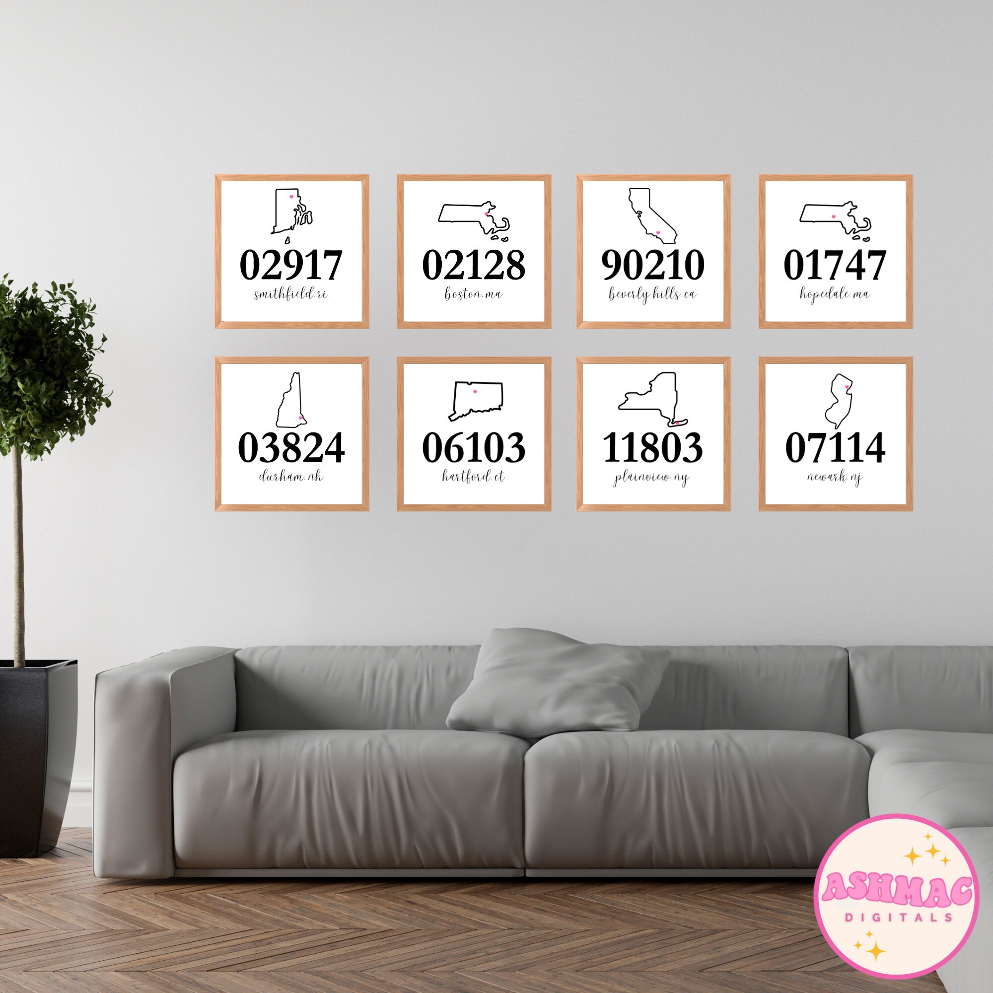 8 Set Custom Hometown Zip Code Wall Prints - Personalized Digital Art ...