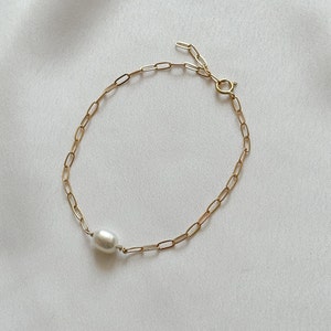 14k goldfield bracelet PEARL ,  pearl bracelet, Israeli artist, gold bracelet , minimal bracelet , daily gold bracelet classic