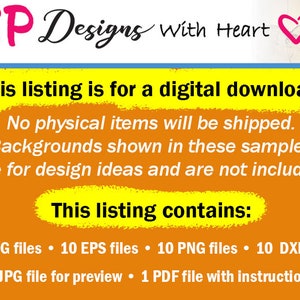 K&ouml;nnte beinhalten: Eine digitale Download-Liste f&uuml;r 10 SVG-, 10 EPS-, 10 PNG-, 10 DXF-, 1 JPG- und 1 PDF-Dateien. Die Liste enth&auml;lt ein Vorschaubild und Anweisungen. Es werden keine physischen Artikel versandt. Die gezeigten Hintergr&uuml;nde dienen nur als Designideen.