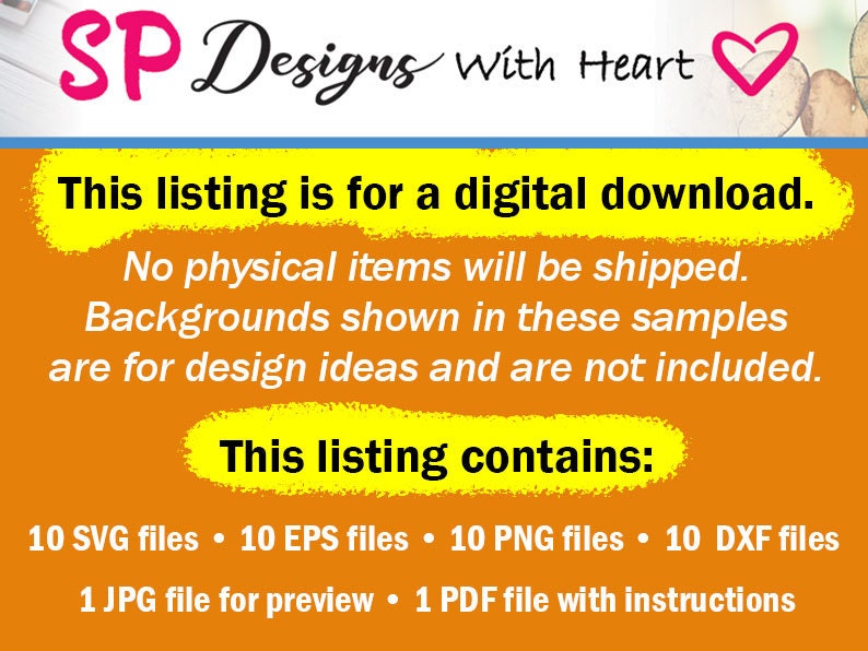K&ouml;nnte beinhalten: Eine digitale Download-Liste f&uuml;r 10 SVG-, 10 EPS-, 10 PNG-, 10 DXF-, 1 JPG- und 1 PDF-Dateien. Die Liste enth&auml;lt ein Vorschaubild und Anweisungen. Es werden keine physischen Artikel versandt. Die gezeigten Hintergr&uuml;nde dienen nur als Designideen.