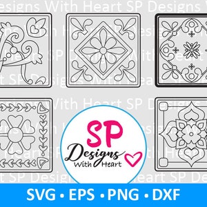 May include: Four black and white tile designs with intricate floral patterns. The designs are in a square format and are perfect for crafting projects.