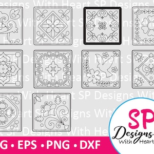 May include: Set of ten black and white tile designs with intricate floral patterns. The designs are perfect for crafting, scrapbooking, and home decor projects.