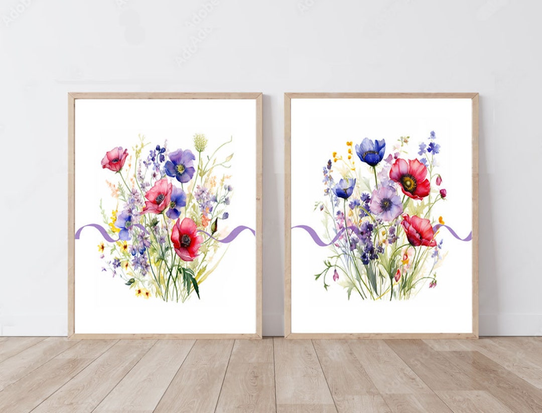 Wildflower Field Flower Wall Art Set of 2, Printable Floral Watercolor ...