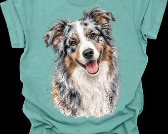 Blue Merle Australian Shepherd Shirt, Aussie Dog Portrait Tee, Australian Shepherd Gift, Dog Mom Shirt, Aussie Lover Shirt