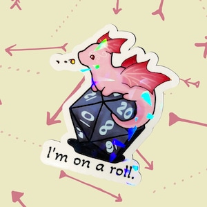 Dragon Dice on a roll | Fantasy Waterproof Sticker | Cute Gem Holographic Sticker | DnD Sticker | Laptop Vinyl Sticker | Waterbottle Sticker