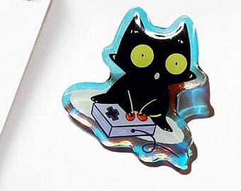 Gizmo Video Game Cat | Acrylic 1.5" Rainbow Pins | funny pins | Kawaii Pin | backpack pin | black cat pins | gift for her | cat lover gift