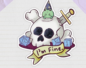 Ik ben prima dobbelstenen | Waterdichte sticker | Leuke glanzende vinylstickers | DnD-sticker | Vinylsticker voor laptops | DM Dnd-cadeaus | Grappige dood | RPG-meme