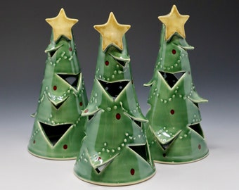 Ceramic Christmas Tree Luminary - Handmade Pottery Christmas Tree - Green Tree Holiday Votive