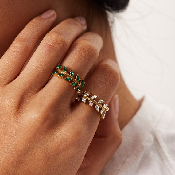 Leaf Ring Dainty Crystal Leaf Resizable Ring Cute Gold Leaves