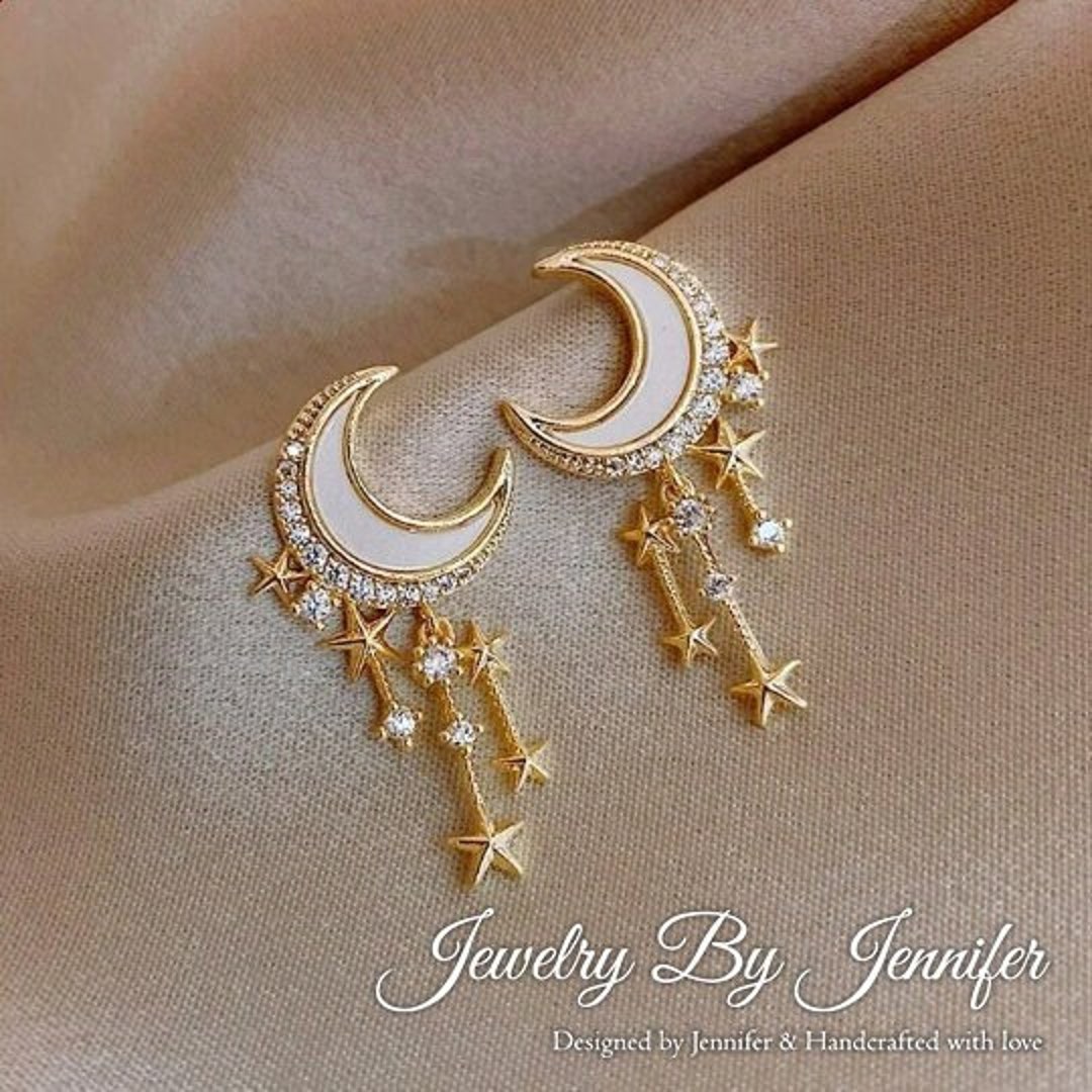 Moon Earrings, Gold Moon Dangle Earrings, Silver Crystal Moon Earrings, Moon Star Drop Earrings