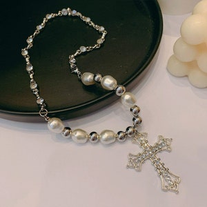 Oversized Cross Pearl Necklace, Large Cross Pendant Necklace, Chunky Beach Jewelry, Statement Summer Necklace, Huge Cross Luxury Necklace