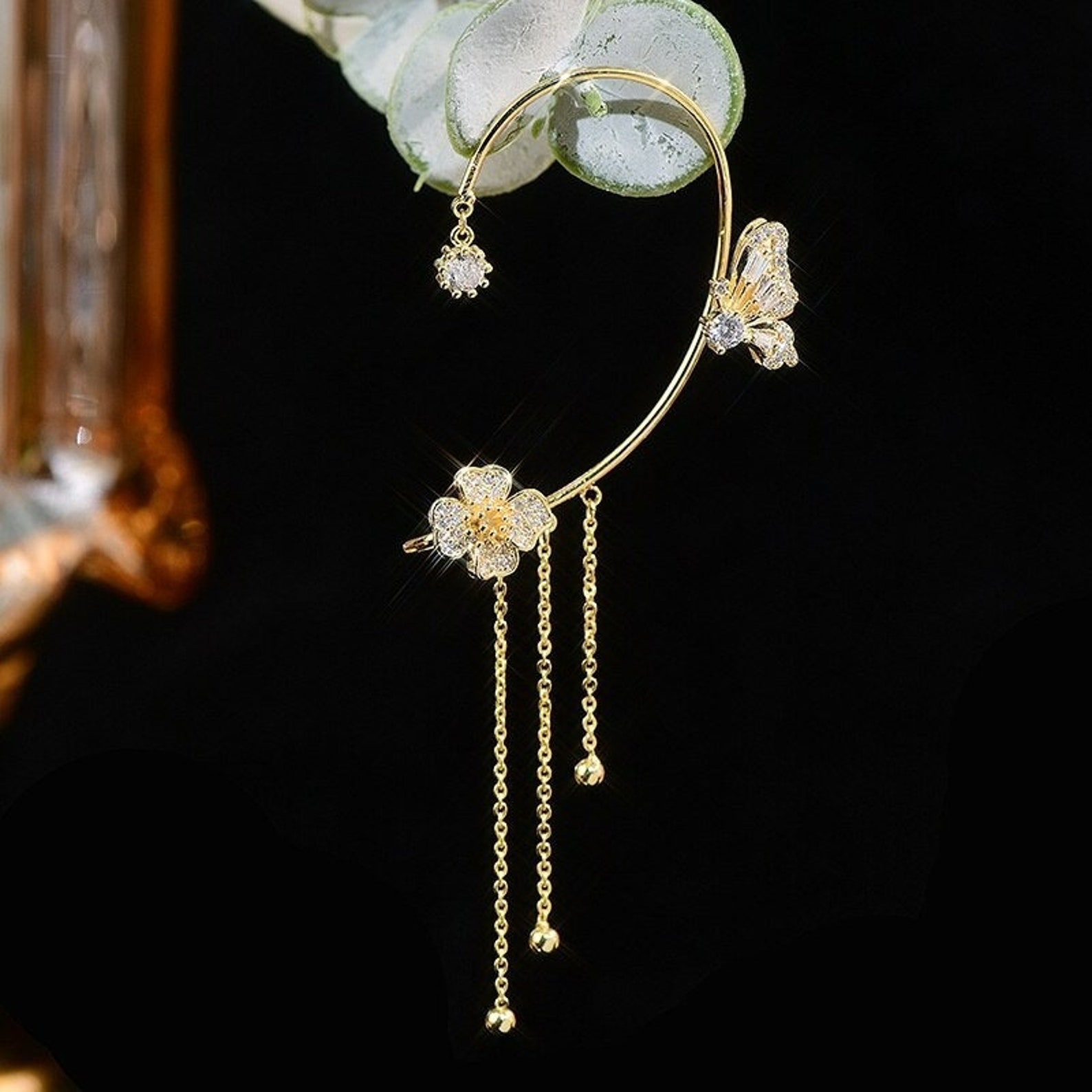 Butterfly Flower Clip-on Earrings, Gold Butterfly Ear Wrap Earrings ...