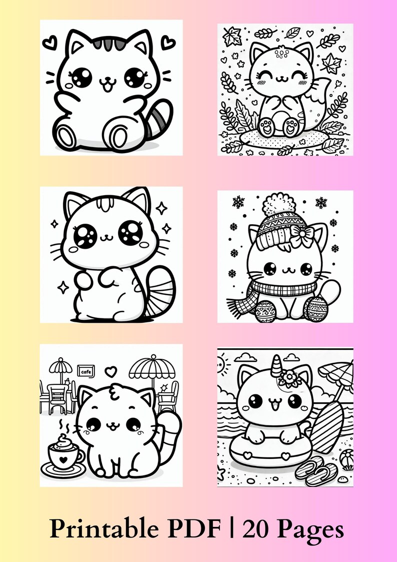 Printable Kawaii Cat Coloring Pages, PDF - Etsy