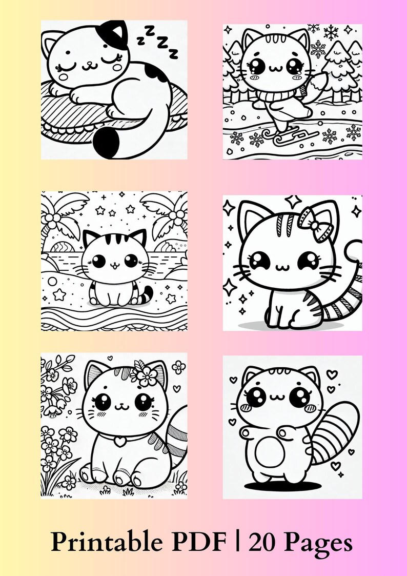 Printable Kawaii Cat Coloring Pages, PDF - Etsy