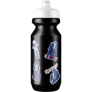 May include: Black water bottle with multiple stickers featuring the character from the film "The Crow". The stickers feature the character's image and the film title.
