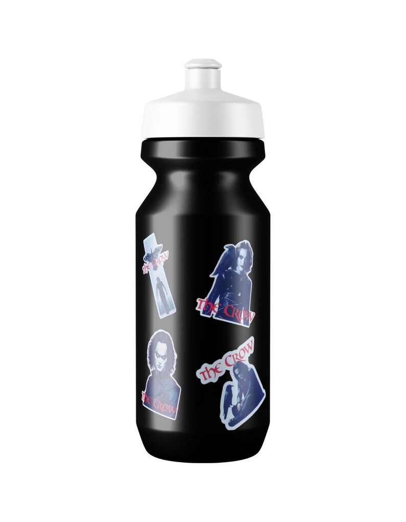 May include: Black water bottle with multiple stickers featuring the character from the film "The Crow". The stickers feature the character's image and the film title.