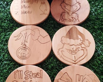 The Grinch Wood Coasters With Coaster Holder Case Box - Set of 6