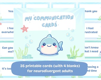 Puede incluir: 35 tarjetas de comunicación imprimibles para adultos neurodivergentes. Las tarjetas presentan una variedad de frases e imágenes, incluyendo una ballena azul, una estrella de mar y algas marinas. El texto en las tarjetas incluye frases como "Sí", "Me siento abrumado", "¿Puedes ayudarme?", "Gracias", "Me siento frustrado", "No sé qué necesito", y "Estoy teniendo un momento difícil".