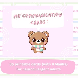 Communicatiekaarten kawaii beer autisme/adhd | Directe download digitale pdf en png | 50 kaarten