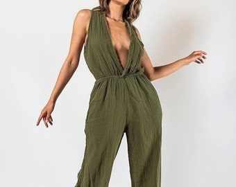 Alltags Wrap Naturfaser, Dehnbare Baumwolle, Geknitterter Musselin Jumpsuit, Damen Kleid / Boho - Geschenk für Mama / Nachhaltig - Sommer