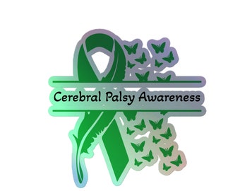 Può includere: Nastro verde con un design a forma di piuma e il testo "Cerebral Palsy Awareness" circondato da farfalle verdi.