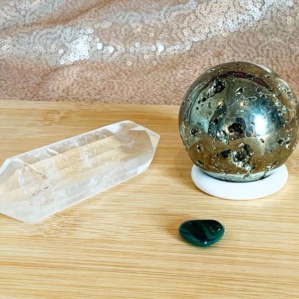 Make It Rain Crystal Set | Wealth, Luck & Abundance | Wealthy Witch | Clear Quartz, Pyrite, Malachite | DT, Vogel, Sphere, Heart