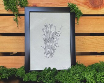 Impression en bloc faite main de champignon Enokitake - 5 x 7