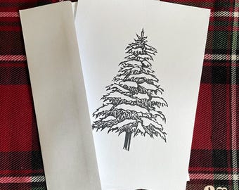 Kerstkaart winterdennenboom - handgedrukt
