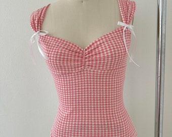 Summer gingham milkmaid blouse