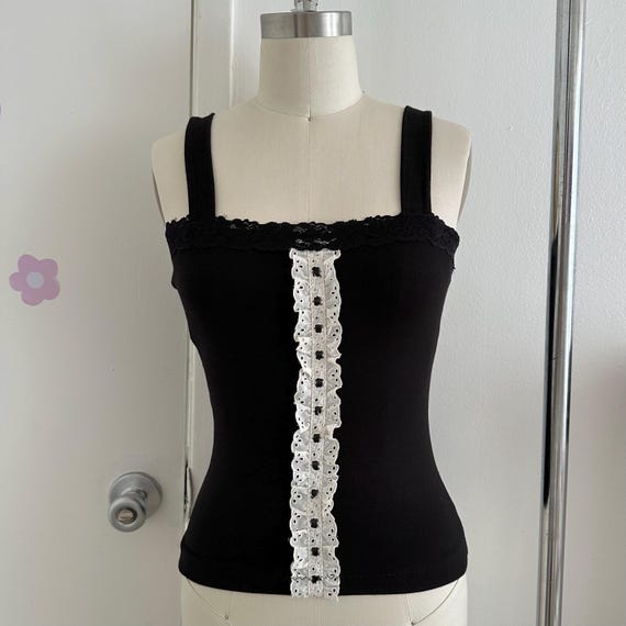 Black Lace Camisole Handmade Coquette Top, Gothic Himekaji Tank Top, Cotton Lace Cami, Gyaru Shirt, Balletcore Clothing