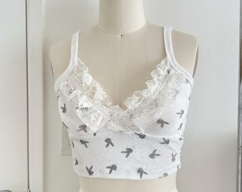Bunny Print Lace Cami Top, Kawaii Rabbit Tank, Coquette Crop Top
