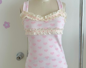 Pastel Pink Heart Camisole, Handmade Coquette Lace Kawaii