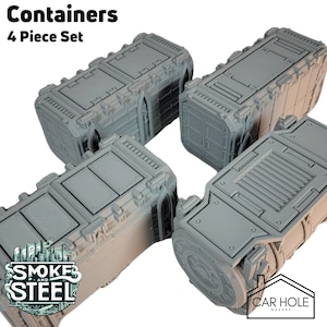 Containers 4 Piece Set, Tabletop Terrain Gothic Sci-Fi Scatter Smoke and Steel Series, 28mm Scale Rpg & Wargame Scenery, WTC dimensions
