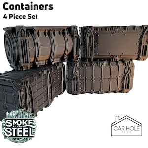 Containers 4 Piece Set, Tabletop Terrain Gothic Sci-Fi Scatter Smoke and Steel Series, 28mm Scale Rpg & Wargame Scenery, WTC dimensions