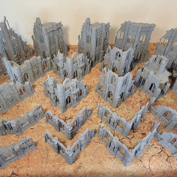 10e editie 40k toernooiterreinset, 3dgeprint wargame-terrein 28 mm schaalgebouwen in ruïnes, imperialis sci fi gotische wargaming-landschap