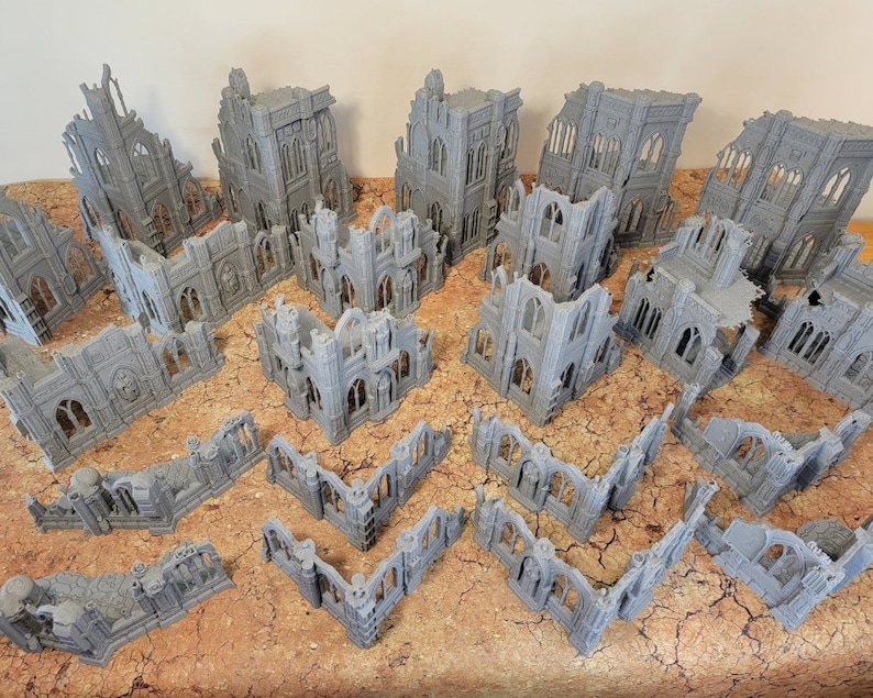10th Edition 40k Tournament Terrain Set, 3dPrinted Wargame Terrain 28mm Scale Buildings in Ruins, Imperialis Sci fi Gothic Wargaming Scenery Full Set (save 10%)