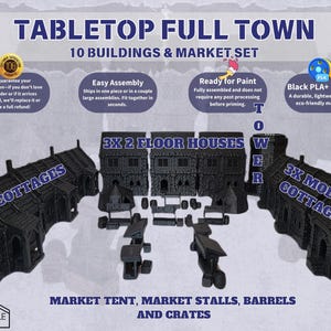 Zestaw terenu do gry RPG Tabletop Full Town: 10 budynków i zestaw targowy do gier Dungeons and Dragons i gier wojennych 28 mm