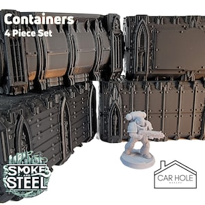 Containers 4 Piece Set, Tabletop Terrain Gothic Sci-Fi Scatter Smoke and Steel Series, 28mm Scale Rpg & Wargame Scenery, WTC dimensions