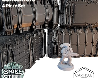 Containers 4 Piece Set, Tabletop Terrain Gothic Sci-Fi Scatter Smoke and Steel Series, 28mm Scale Rpg & Wargame Scenery, WTC dimensions