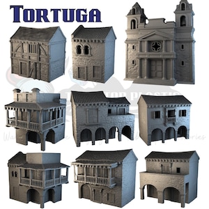 Tortuga Bay Spanish Colonial Town (28mm): mission church, arcaded casas with balconies, tiled roofs & courtyards age-of-sail skirmish tables