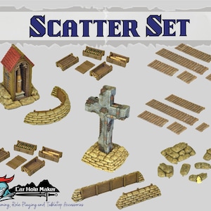 WW1 Trench Terrain Scatter Set | 3D Printed Wargaming Accessories for Bolt Action, RPG, Dioramas | Ammo Crates, Sandbags, Cross, Cannon