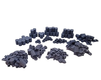 Unleash the Power of Ruins: Scatter Terrain Set of Barrels and Tires for Epic RPG & War Game Battles!