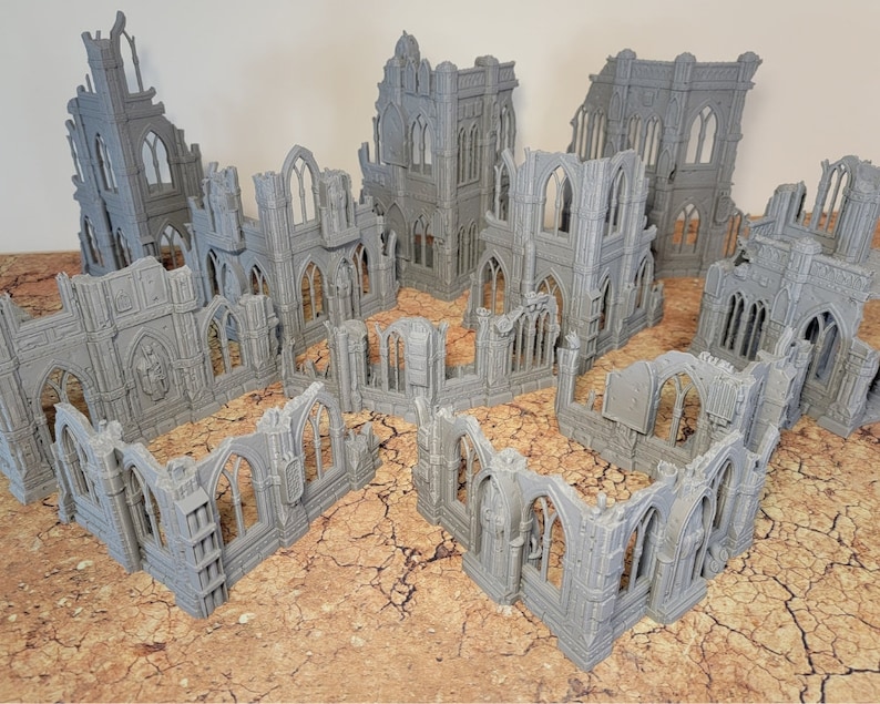 10th Edition 40k Tournament Terrain Set, 3dPrinted Wargame Terrain 28mm Scale Buildings in Ruins, Imperialis Sci fi Gothic Wargaming Scenery Half Set