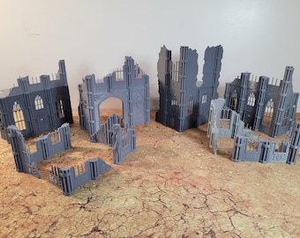 Large 3D Printed Bundle of Gothic Ruined Buildings Terrain for 28mm Tabletop Miniature Wargaming