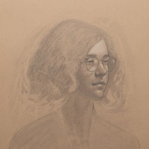 Portrait study—original study in graphite of a woman wearing glasses, in profile, realism, modern art, collectable, colored paper, dyed