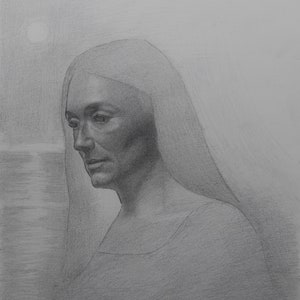 Painting study—original study for a painting done in graphite of a middle aged woman in profile, one of a kind gifts, realism, collectable