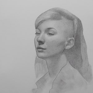 Alyssa 2– original portrait study in graphite of a woman with partially shaved head, in profile, one of a kind, realism, modern, collectable